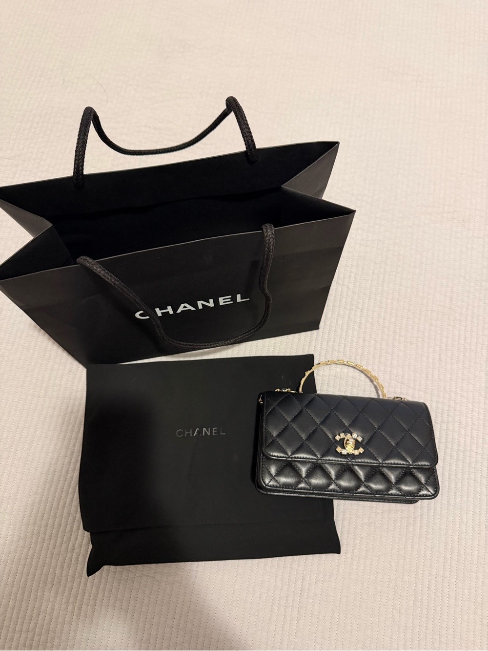 CHANEL Black Quilted Mini Top-Handle Bag with Gold CC